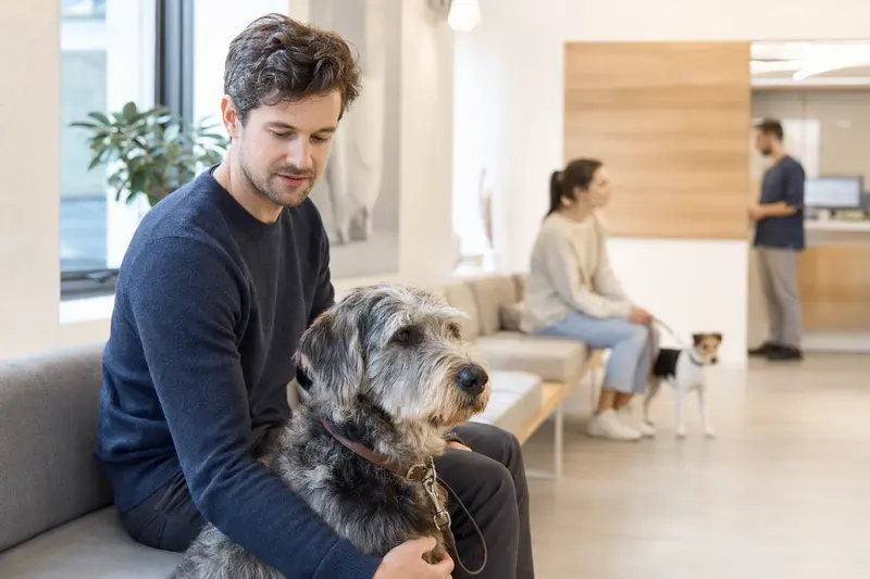 Ein Poitevin Hund sitzt ruhig neben seinem Besitzer im hellen Wartezimmer einer modernen Tierarztpraxis.